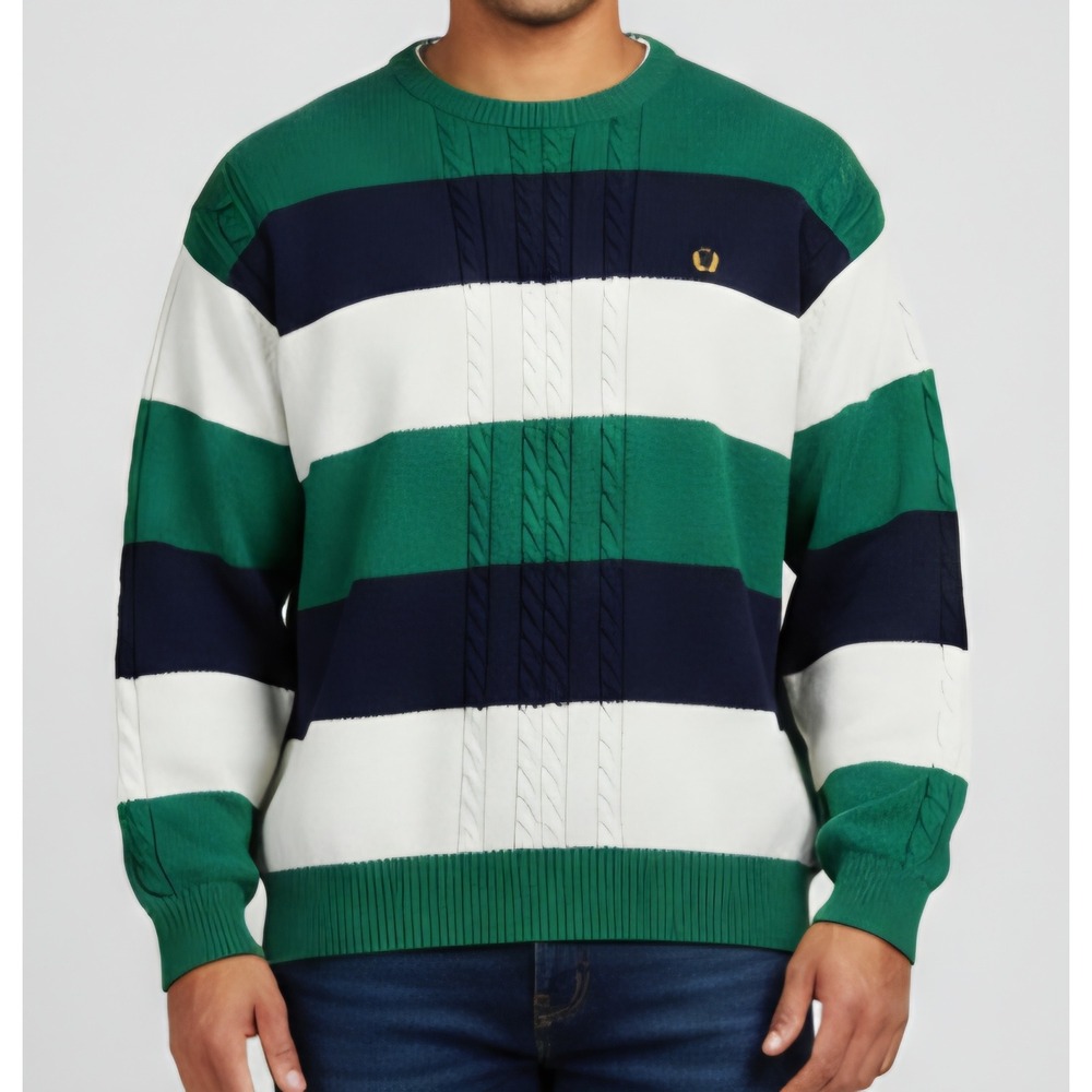 Siegfried Mens 2XLT Sweater Green Navy White Striped Cable‎ Knit Cotton Tall 2XL